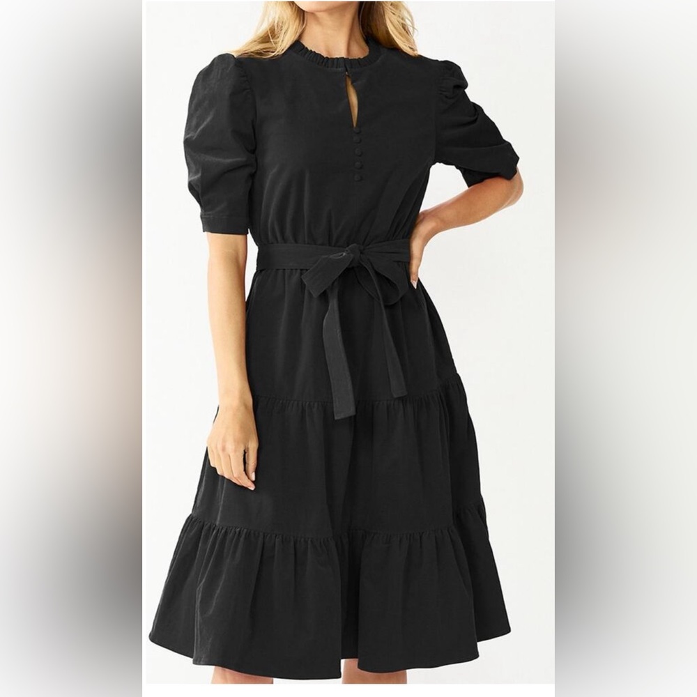 Draper James Black Tiered Puff-Sleeve Midi Dress